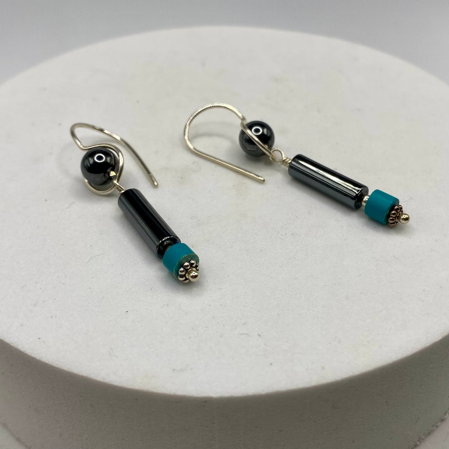 Hematite & Chalk Turquoise Dangle Earrings by Hip Chick Glass, Sterling Silver Earrings, Handmade Gemstone Jewelry, Handmade Jewelry Gift, Birthstone Earrings