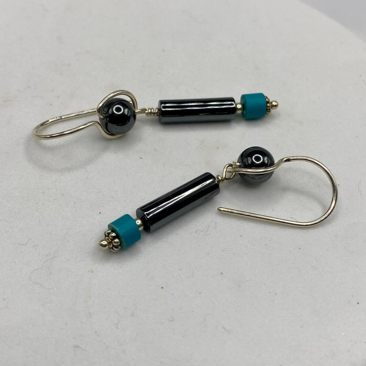 Hematite & Chalk Turquoise Dangle Earrings by Hip Chick Glass, Sterling Silver Earrings, Handmade Gemstone Jewelry, Handmade Jewelry Gift, Birthstone Earrings