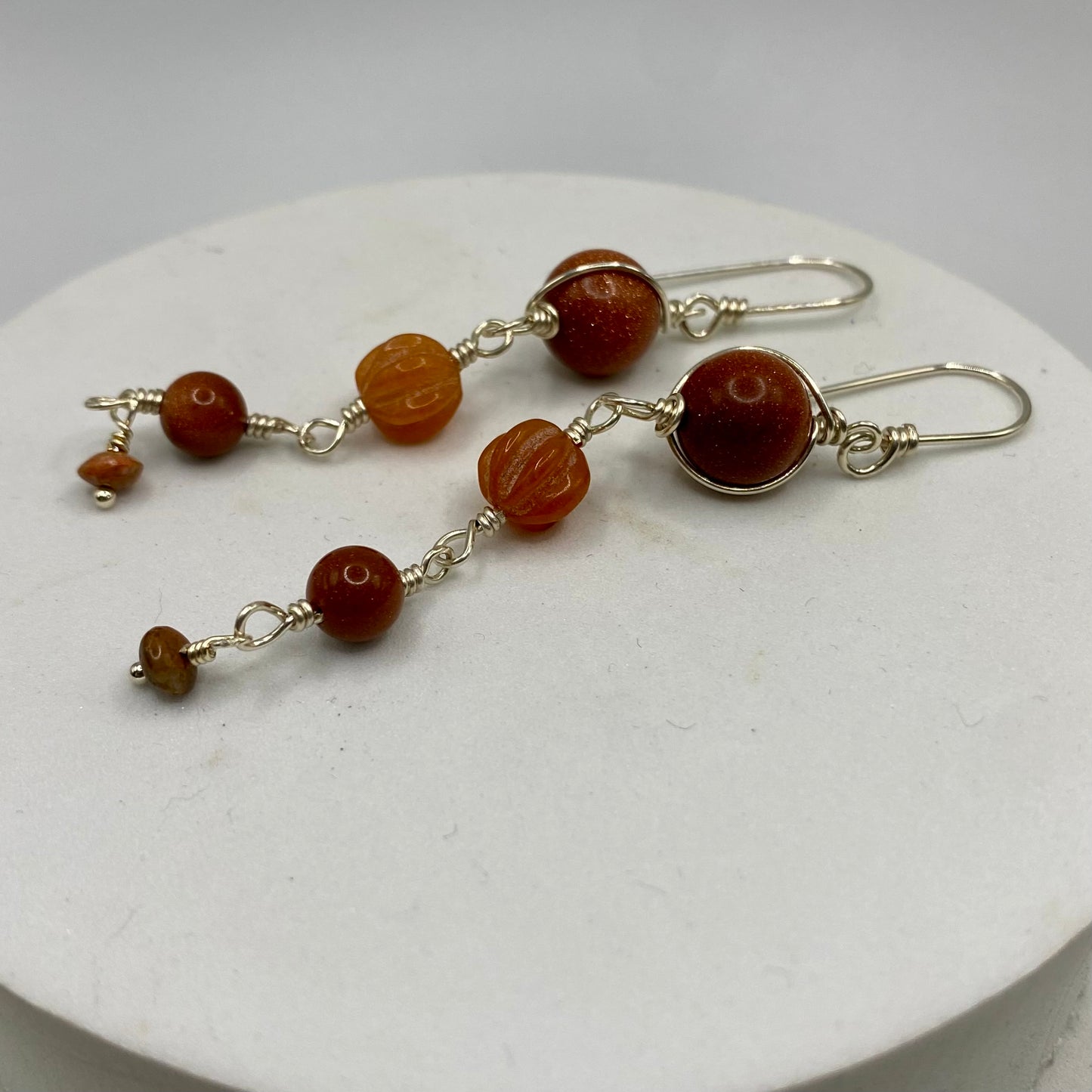 Long Boho Orange Gemstone Earrings by Hip Chick Glass, Sterling Silver Earrings, Handmade Gemstone Jewelry, Goldstone, Carnelian, Unakite