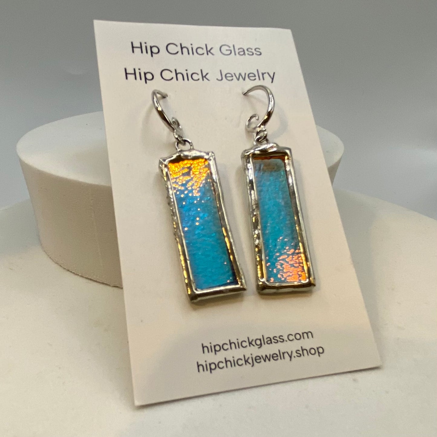 Turquoise Blue Rectangle Earrings | Stained Glass Earrings by Hip Chick Glass, Iridescent Statement Earrings, Geometric Earrings
