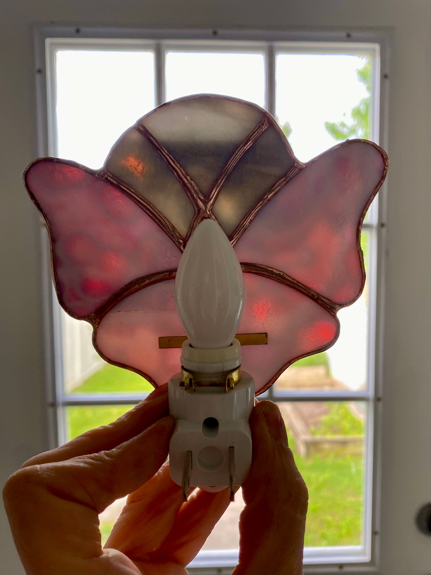 Pink Butterfly Nightlight under a grey moon | Gretchen Shutt | Hip Chick Glass, LLC