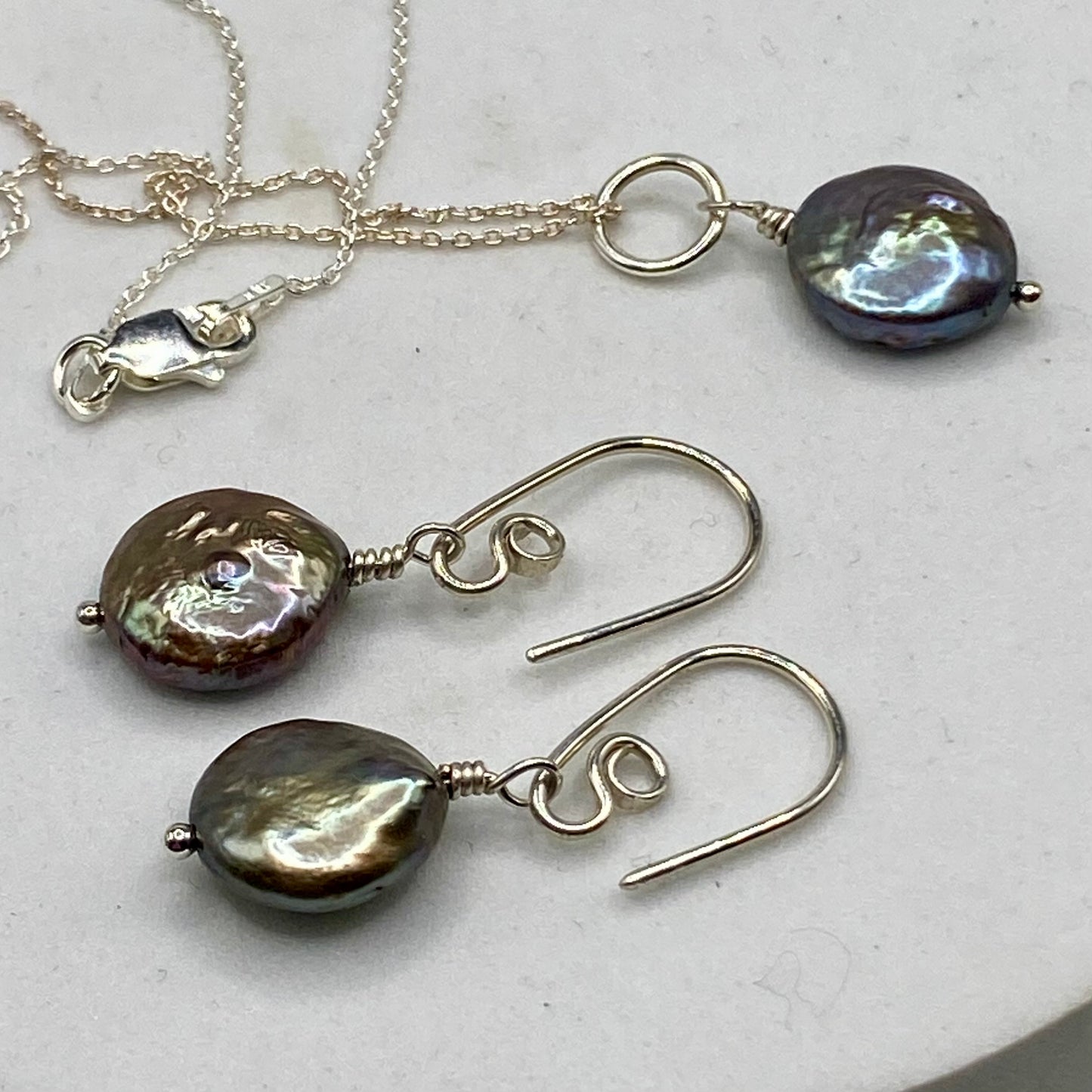 Black Coin Pearl Necklace Earring Set by Hip Chick Glass, Handmade Sterling Silver Jewelry, Handmade Pearl Jewelry Set, June Birthstone Gift