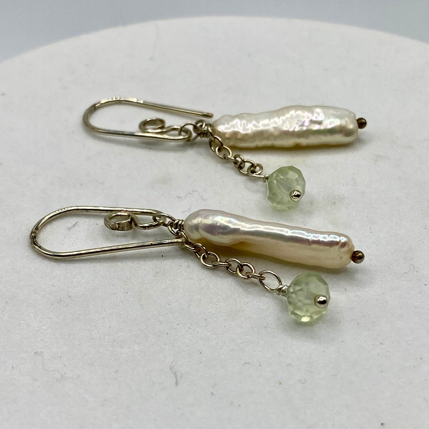 Pearl & Prehnite Double Drop Earrings by Hip Chick Glass, Handmade Sterling Silver Earrings, Handmade Gemstone Jewelry, June Birthstone Gift