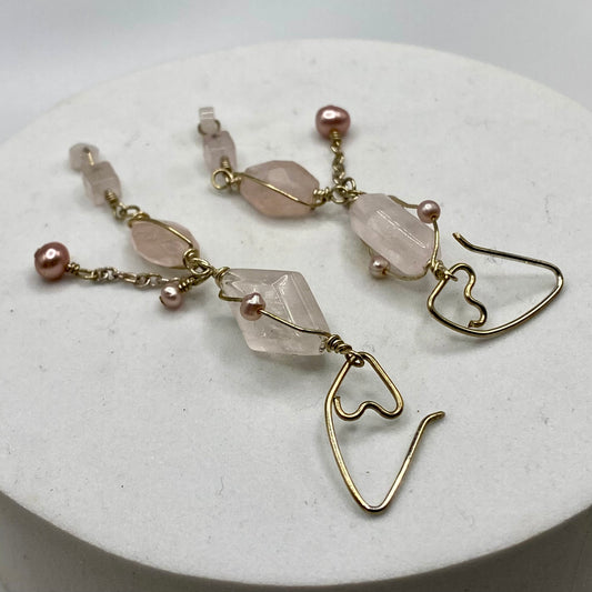 Long Rose Quartz Earrings with Pearl Wrap by Hip Chick Glass, Boho Luxe Gemstone Earrings, Handmade Rose Quartz Earrings, June Birthstone Gift