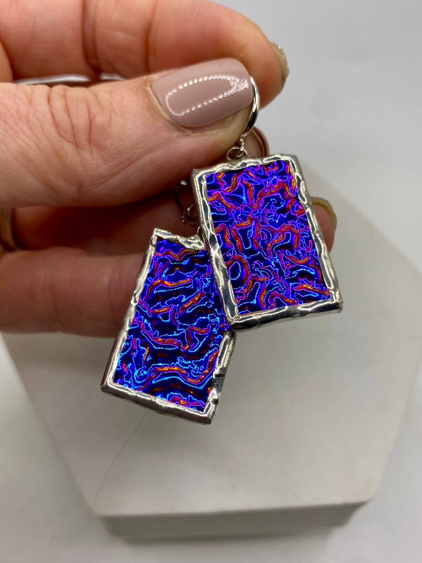 Purple Rectangular Earrings | Stained Glass Earrings by Hip Chick Glass, Statement Dangle Drop Earrings, Geometric Earrings