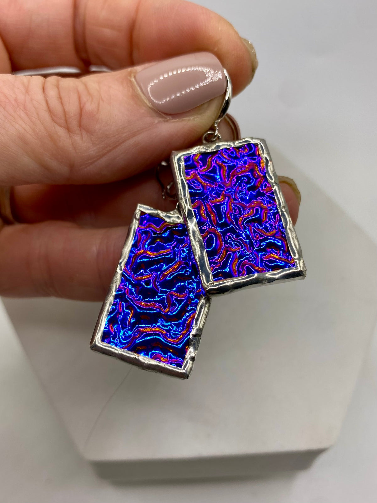 Large Purple Rectangular Earrings | Stained Glass Earrings by Hip Chick Glass, Statement Dangle Drop Earrings, Geometric Earrings