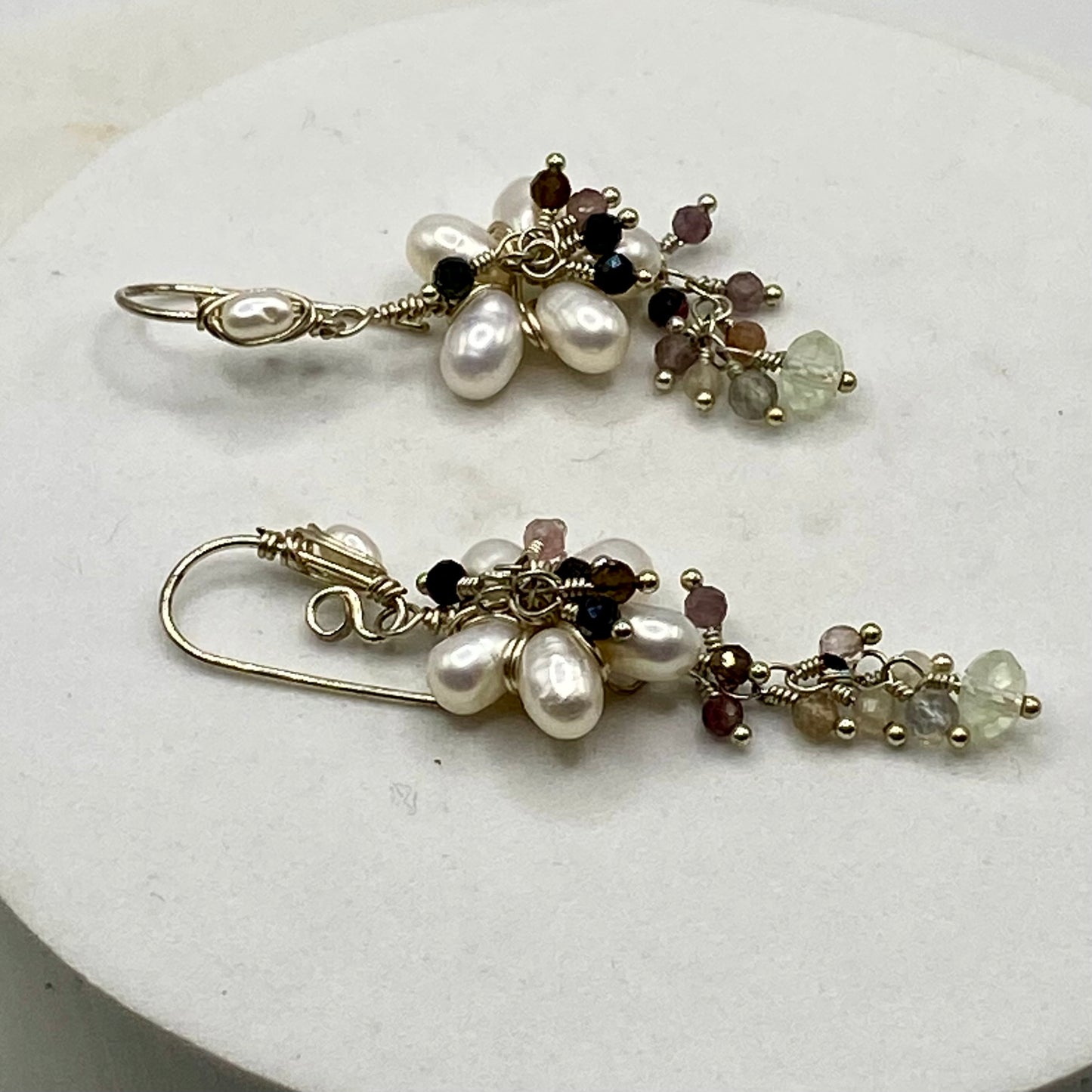 Pearl, Prenite & Watermelon Tourmaline Flower Earrings by Hip Chick Glass, Sterling Silver Wire Wrap Earrings, Handmade Gemstone Jewelry, June Birthstone Gift