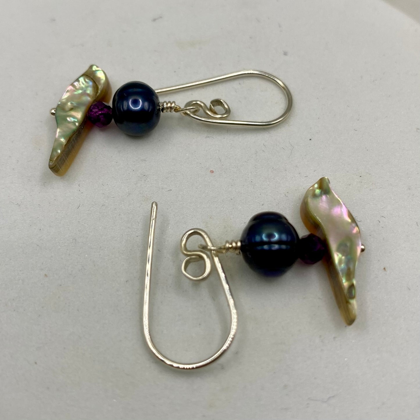 Bird Abalone, Iolite & Pearl Earrings by Hip Chick Glass, Handmade Sterling Silver Earrings, Silver Gemstone Jewelry