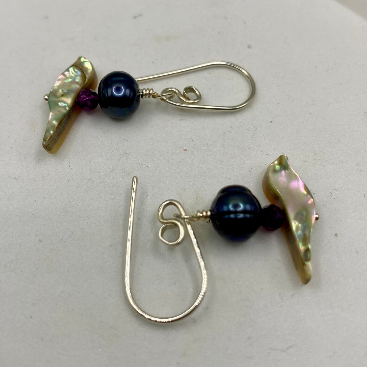 Abalone, Iolite Freshwater Pearls Silver Earrings by Hip Chick Glass, Handmade Sterling Silver Earrings, Silver Gemstone Jewelry