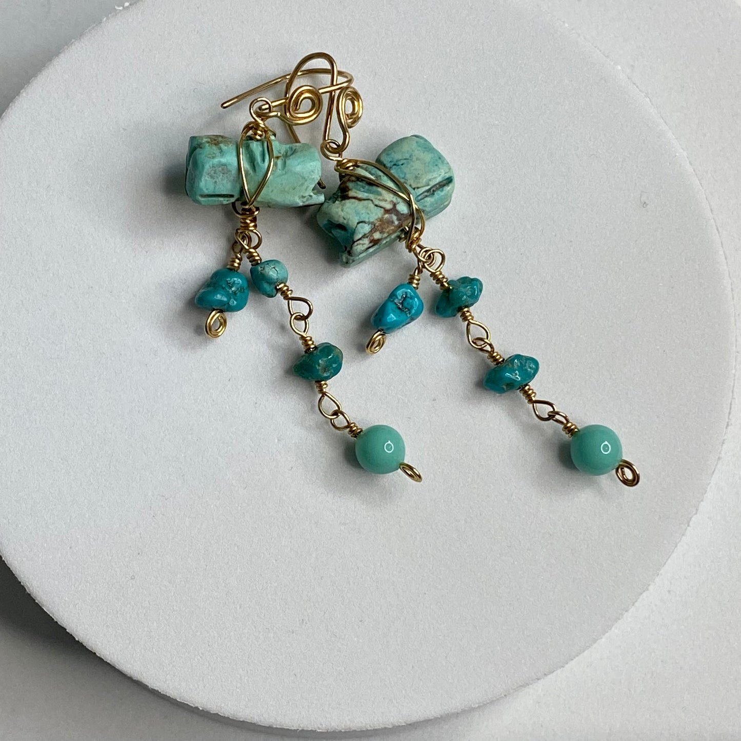 Turquoise & Vintage Glass Dangle Earrings by Hip Chick Glass, 14 Karat Gold Fill Earrings, Handmade Gemstone Jewelry, Birthstone Gift