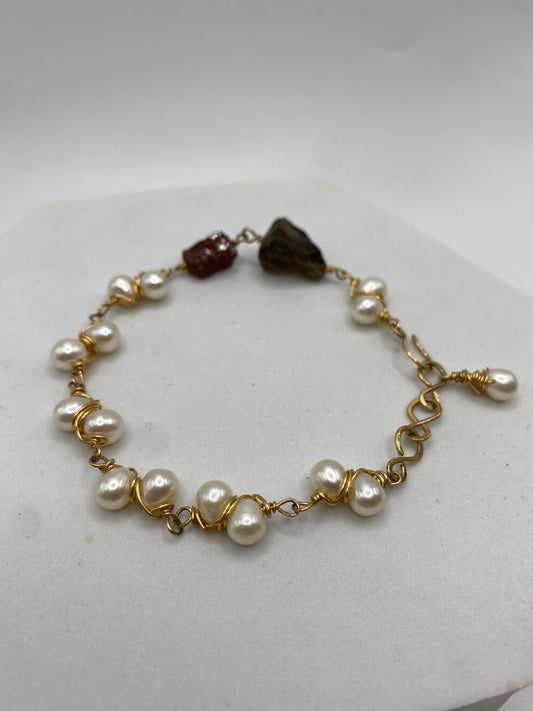 Gold Pearl, Raw Smoky Quartz & Raw Garnet Bracelet by Hip Chick Glass, Handmade Gold Fill Wire Wrap Jewelry, Handmade Gemstone Bracelet, June & January Birthstone Gift