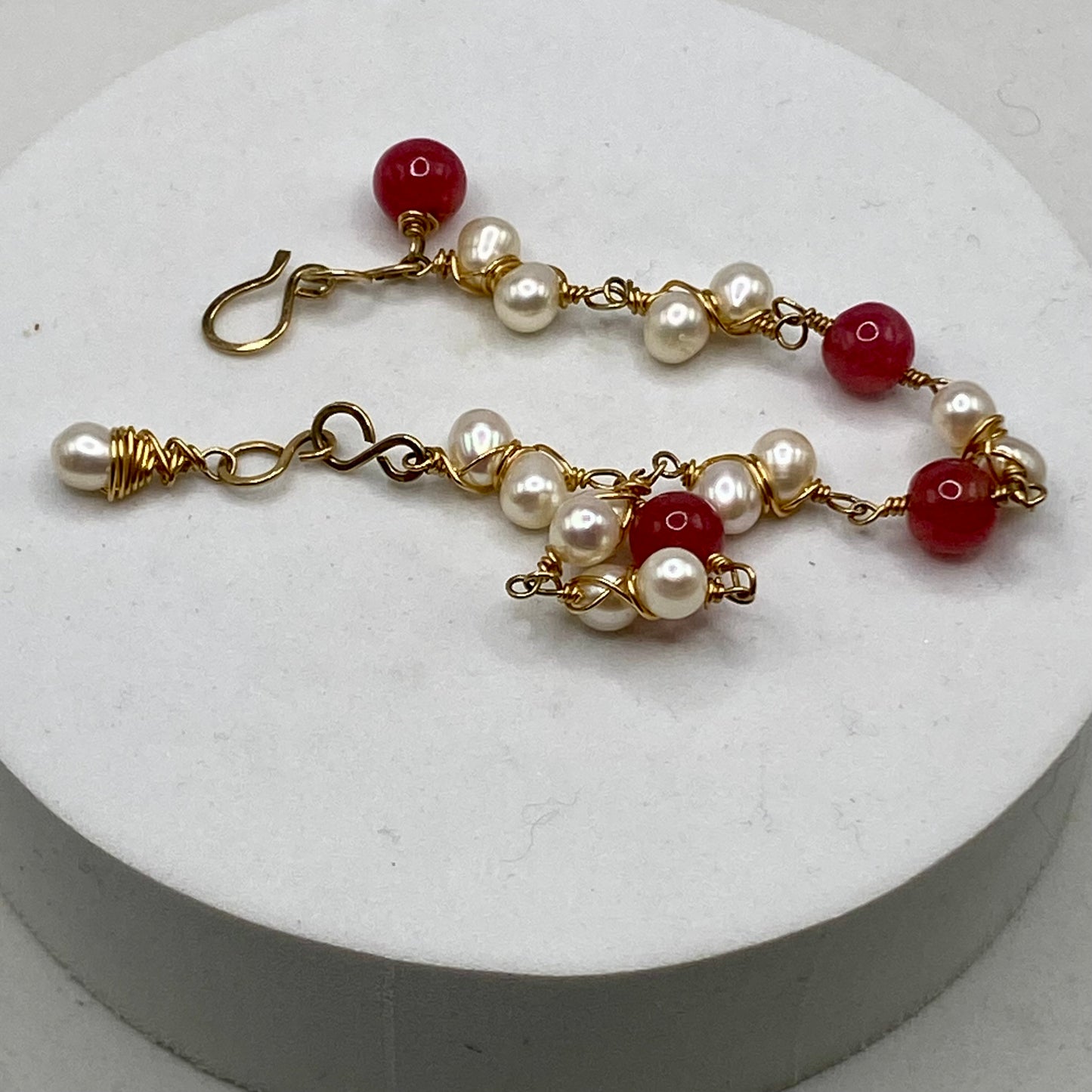 Gold Pearl & Raw Ruby Bracelet by Hip Chick Glass, Handmade Gold Fill Wire Wrap Jewelry, Handmade Gemstone Bracelet, June & July Birthstone Gift