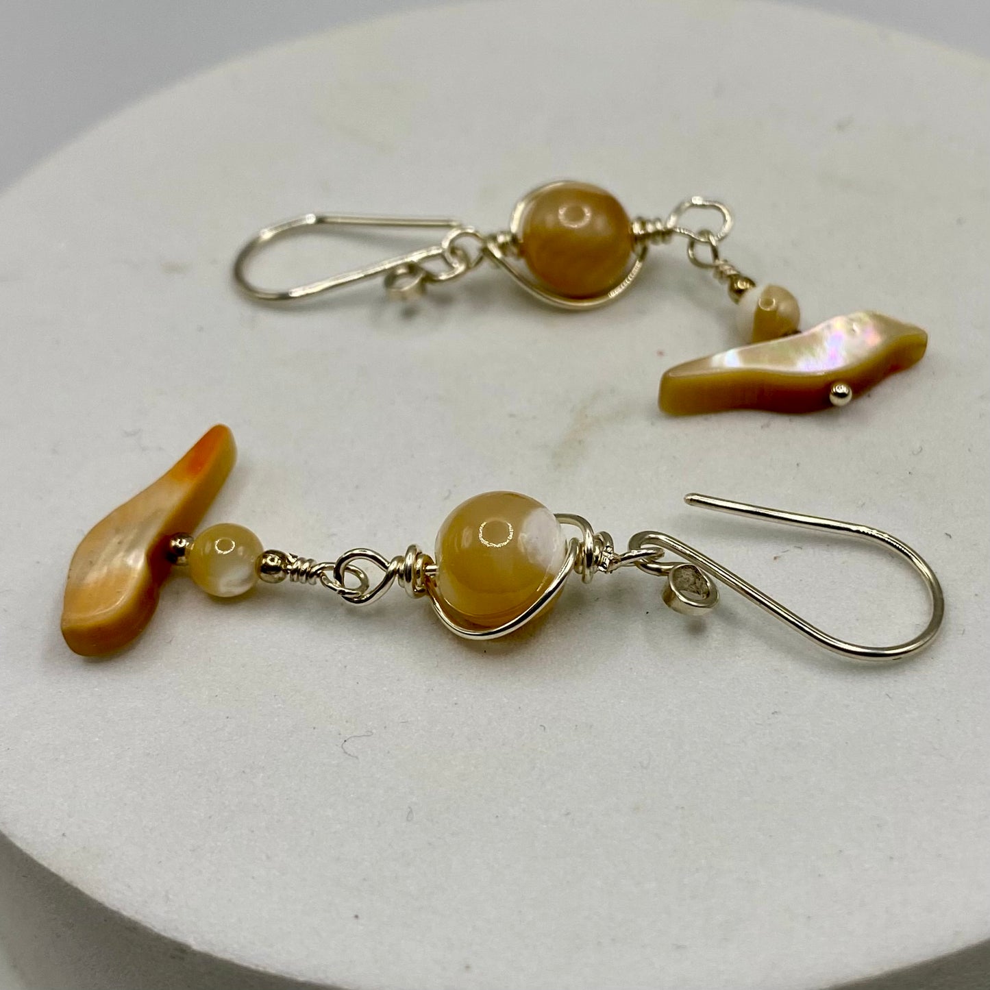 Abalone, Mother of Pearl Long Bird Earrings by Hip Chick Glass, Handmade Sterling Silver Earrings, Silver Gemstone Jewelry