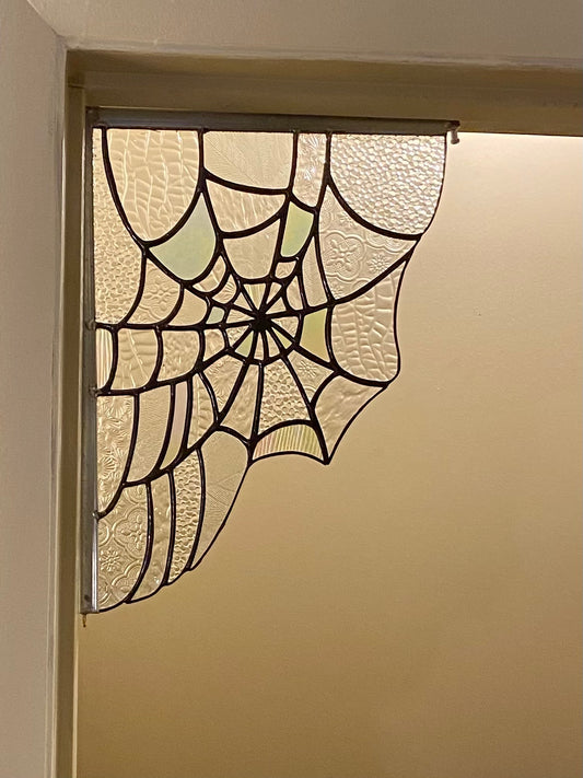 SPIDERWEB Window Corner | Stained Glass Window Panel | Spiderweb Suncatcher Textured Clear Glass