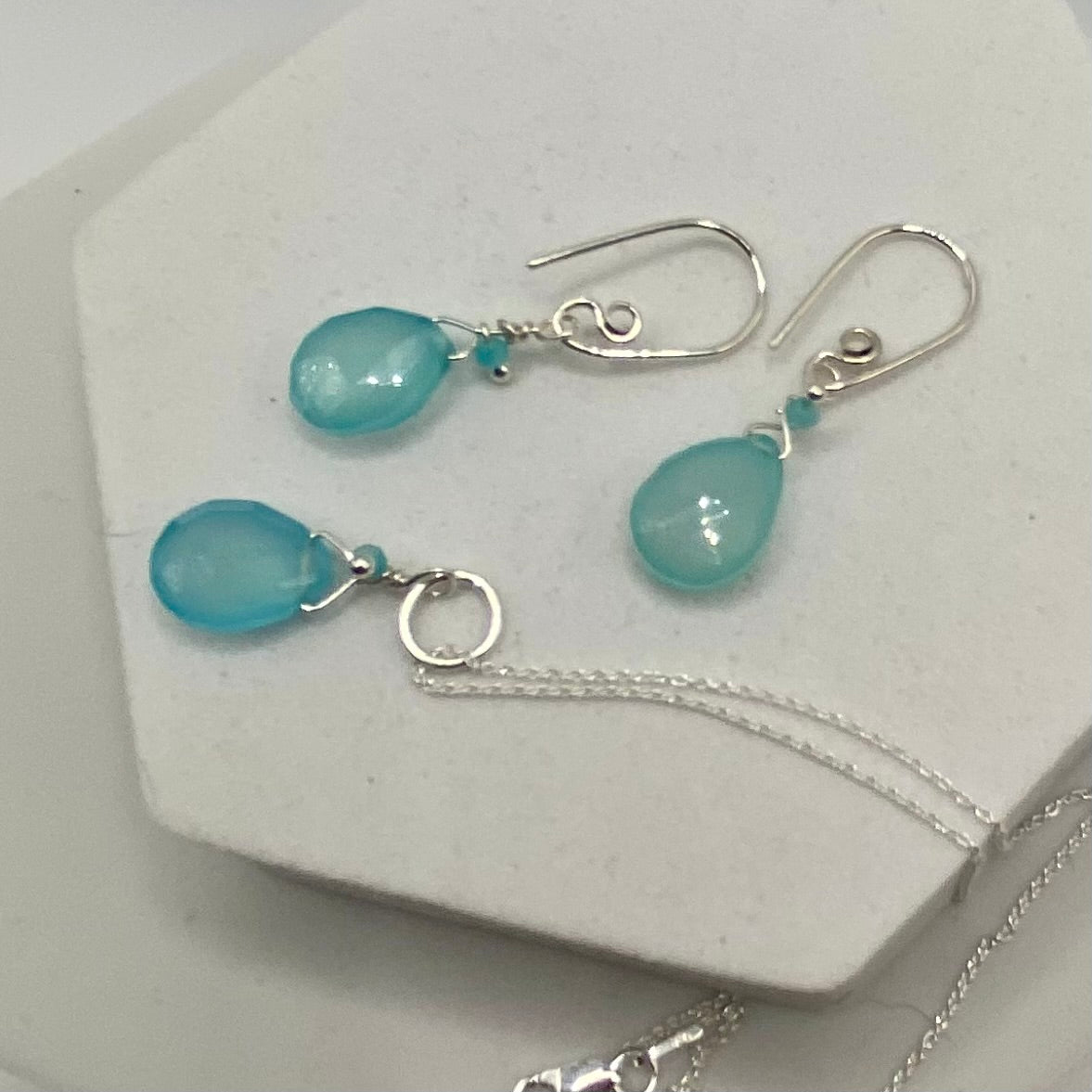 Blue Chalcedony Necklace Earring Set by Hip Chick Glass, Handmade Sterling Silver Jewelry, Handmade Gemstone Jewelry, Birthstone Gift