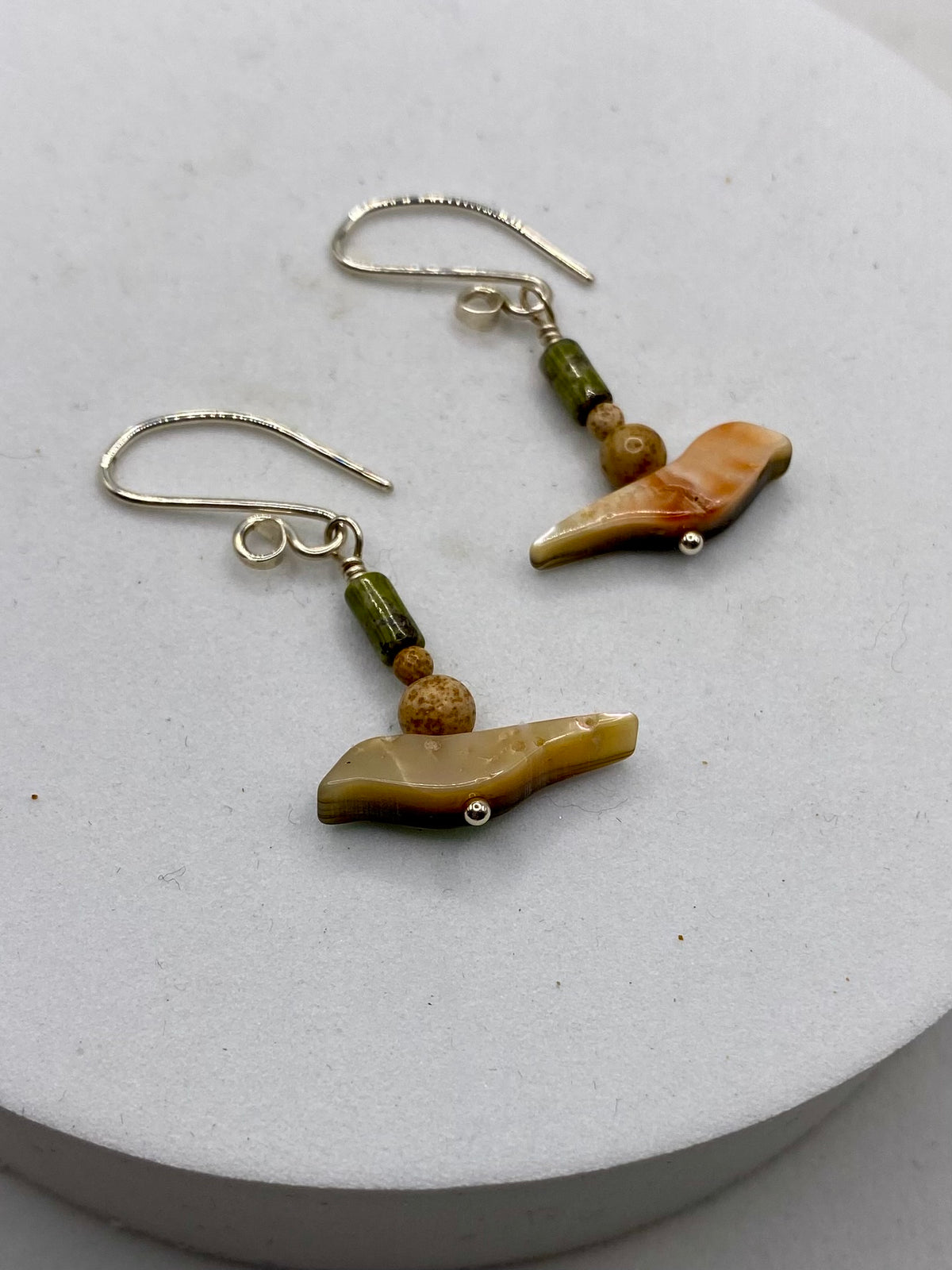 Abalone Bird, Picture Jasper, Unakite Earrings by Hip Chick Glass, Handmade Sterling Silver Earrings, Silver Gemstone Jewelry