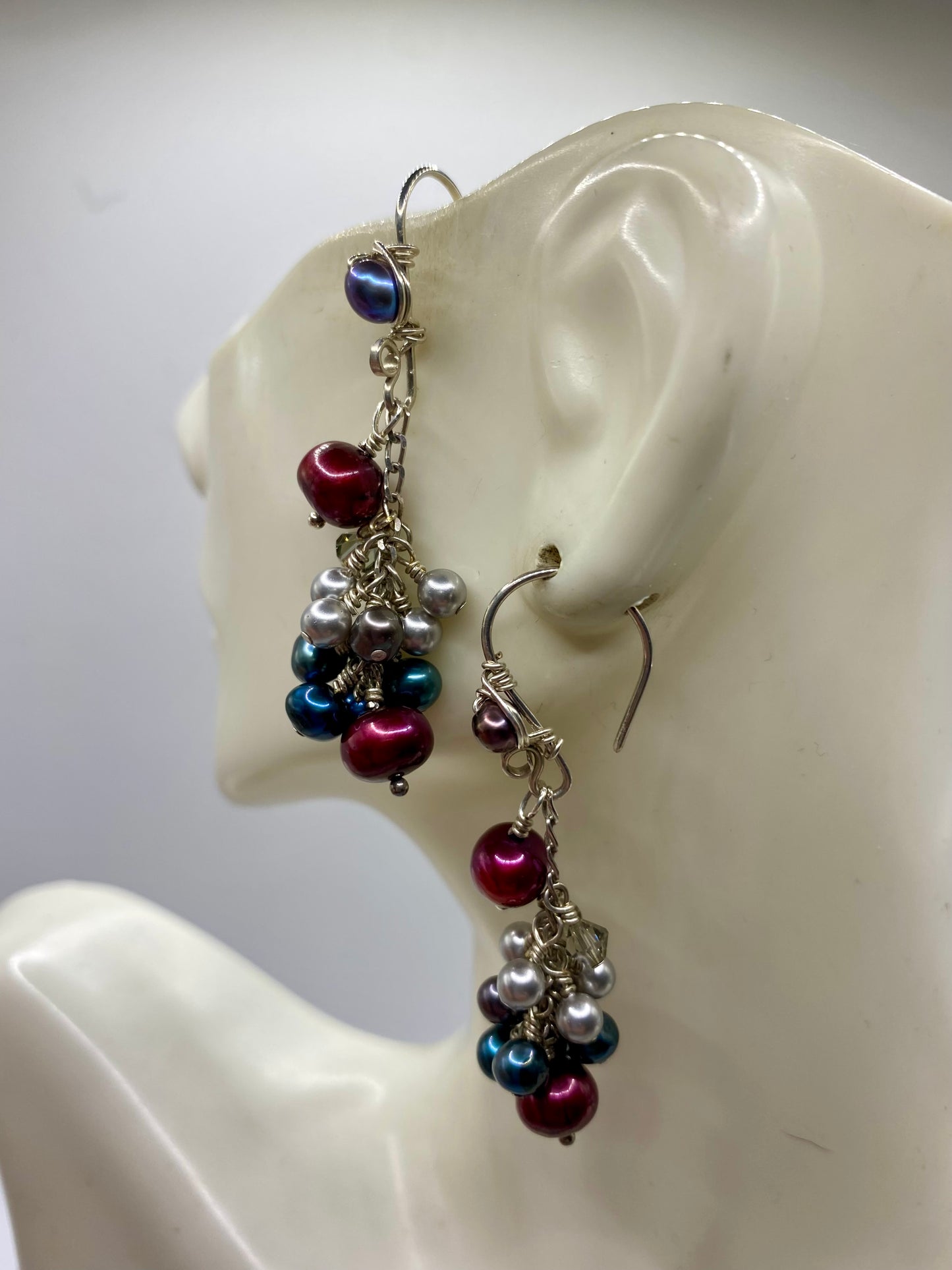 Cranberry, Blue & Gray Pearl Cluster Earrings by Hip Chick Glass, Sterling Silver Earrings, Handmade Gemstone Jewelry, June Birthstone Gift