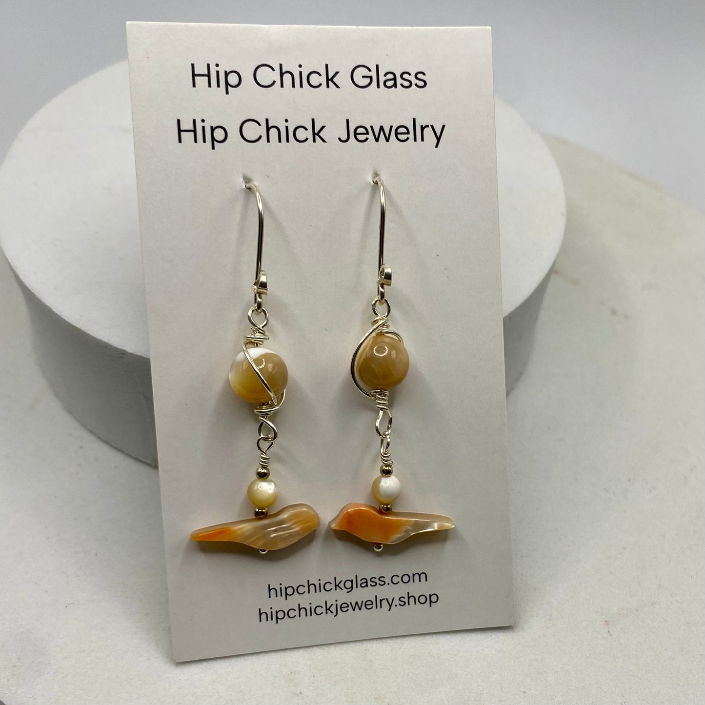 Abalone, Mother of Pearl Long Bird Earrings by Hip Chick Glass, Handmade Sterling Silver Earrings, Silver Gemstone Jewelry