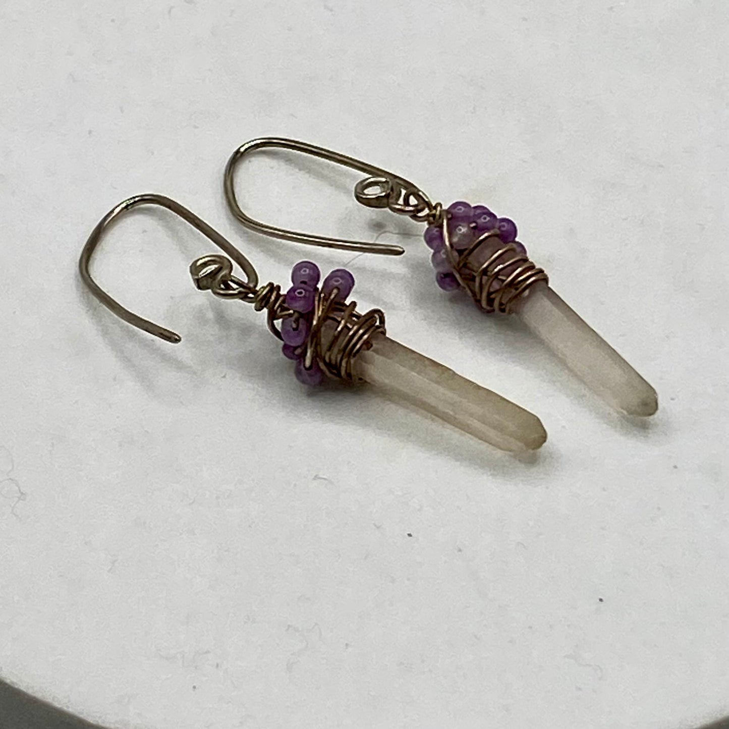 Quartz Crystal Point Earrings with Mini Amethyst Beads by Hip Chick Glass, Sterling Silver Gemstone Earrings, Handmade Boho Jewelry, February Birthstone Gift