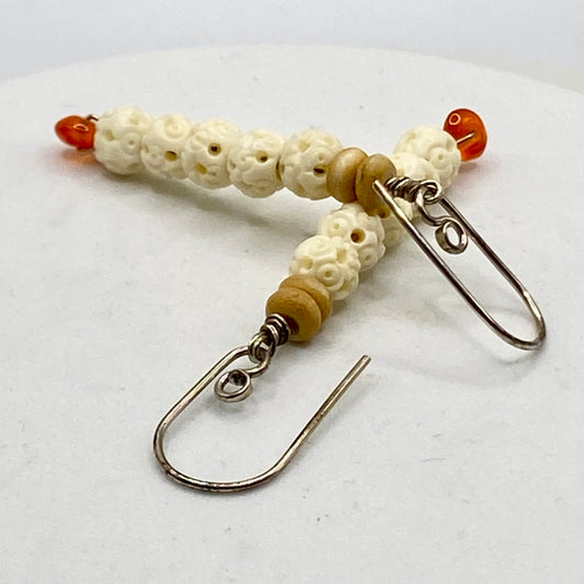 Carnelian, Carved Bone & Seed Earrings by Hip Chick Glass, Sterling Silver Earrings, Handmade Gemstone Jewelry, Gift For Woman