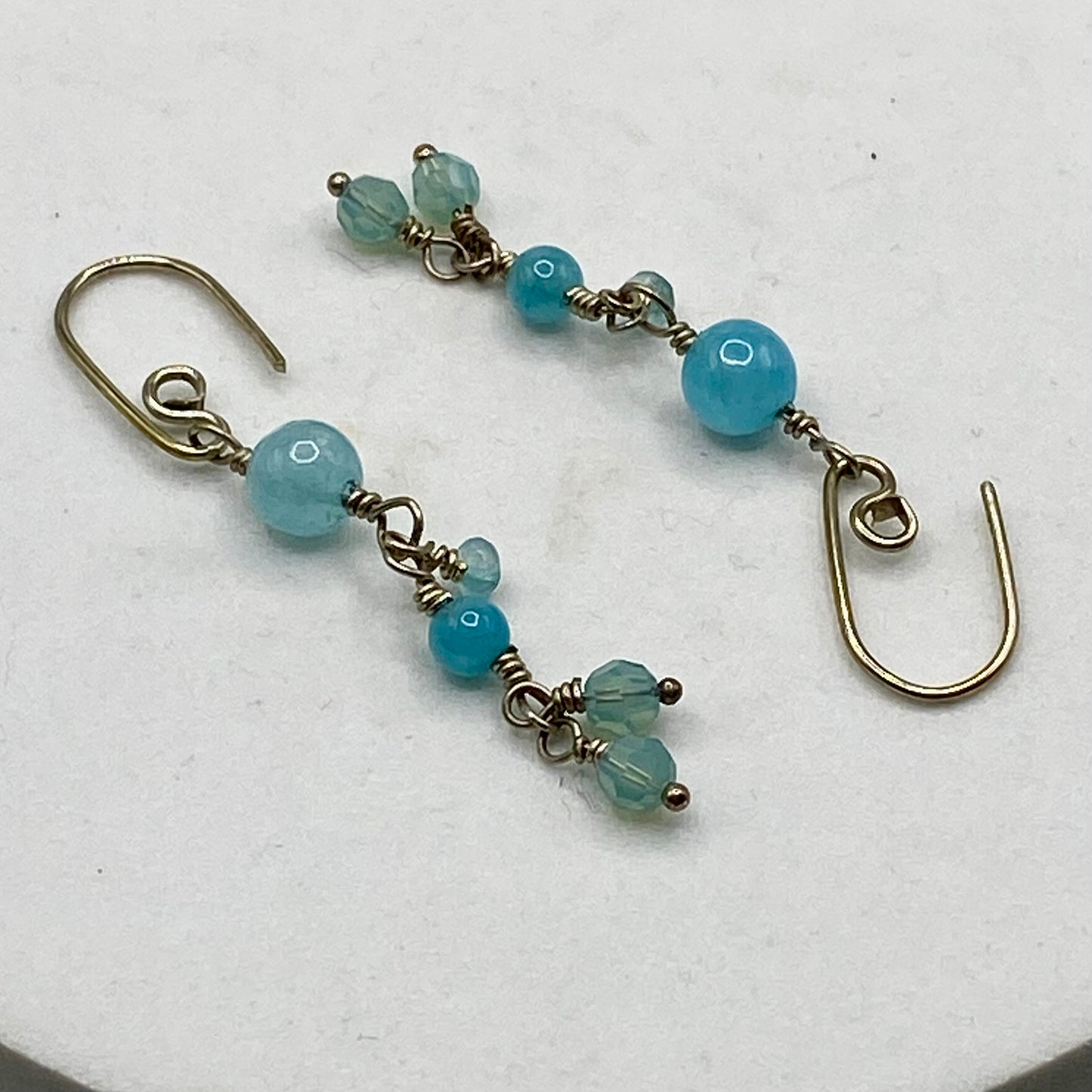 Aquamarine, Angelite & Swarovski Crystal Earrings by Hip Chick Glass, Sterling Silver Wire Wrap Earrings, Handmade Aquamarine Jewelry, March Birthstone Earrings