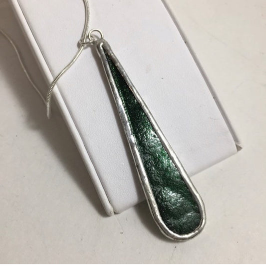 Green Teardrop Necklace | Green Glass Necklace by Hip Chick Glass, Handmade Silver Pendant Necklace, Stained Glass Pendant Necklace, Handmade Jewelry