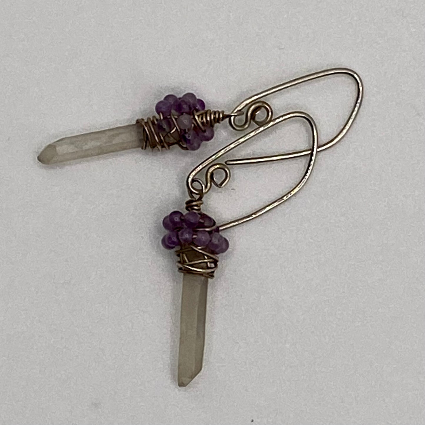 Quartz Crystal Point Earrings with Amethyst Wrapping by Hip Chick Glass, Sterling Silver Earrings, Handmade Gemstone Jewelry, February Birthstone Gift