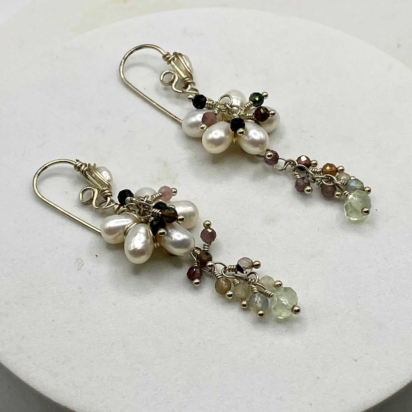 Pearl, Prenite & Watermelon Tourmaline Flower Earrings by Hip Chick Glass, Sterling Silver Wire Wrap Earrings, Handmade Gemstone Jewelry, June Birthstone Gift