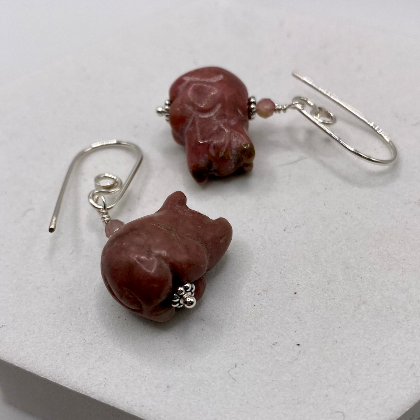 Carved Pig Earrings by Hip Chick Glass, Sterling Silver Earrings, Handmade Gemstone Jewelry, Handmade Jewelry Gift