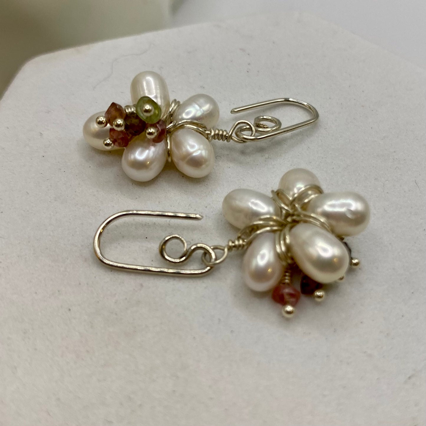 Pearl & Watermelon Tourmaline Flower Earrings by Hip Chick Glass, Sterling Silver Wire Wrap Earrings, Handmade Gemstone Jewelry, June Birthstone