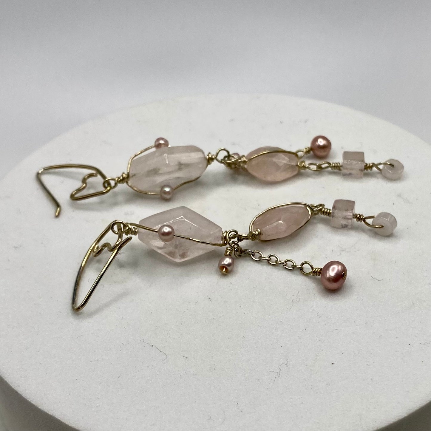 Long Rose Quartz Earrings with Pearl Wrap by Hip Chick Glass, Boho Luxe Gemstone Earrings, Handmade Rose Quartz Earrings, June Birthstone Gift