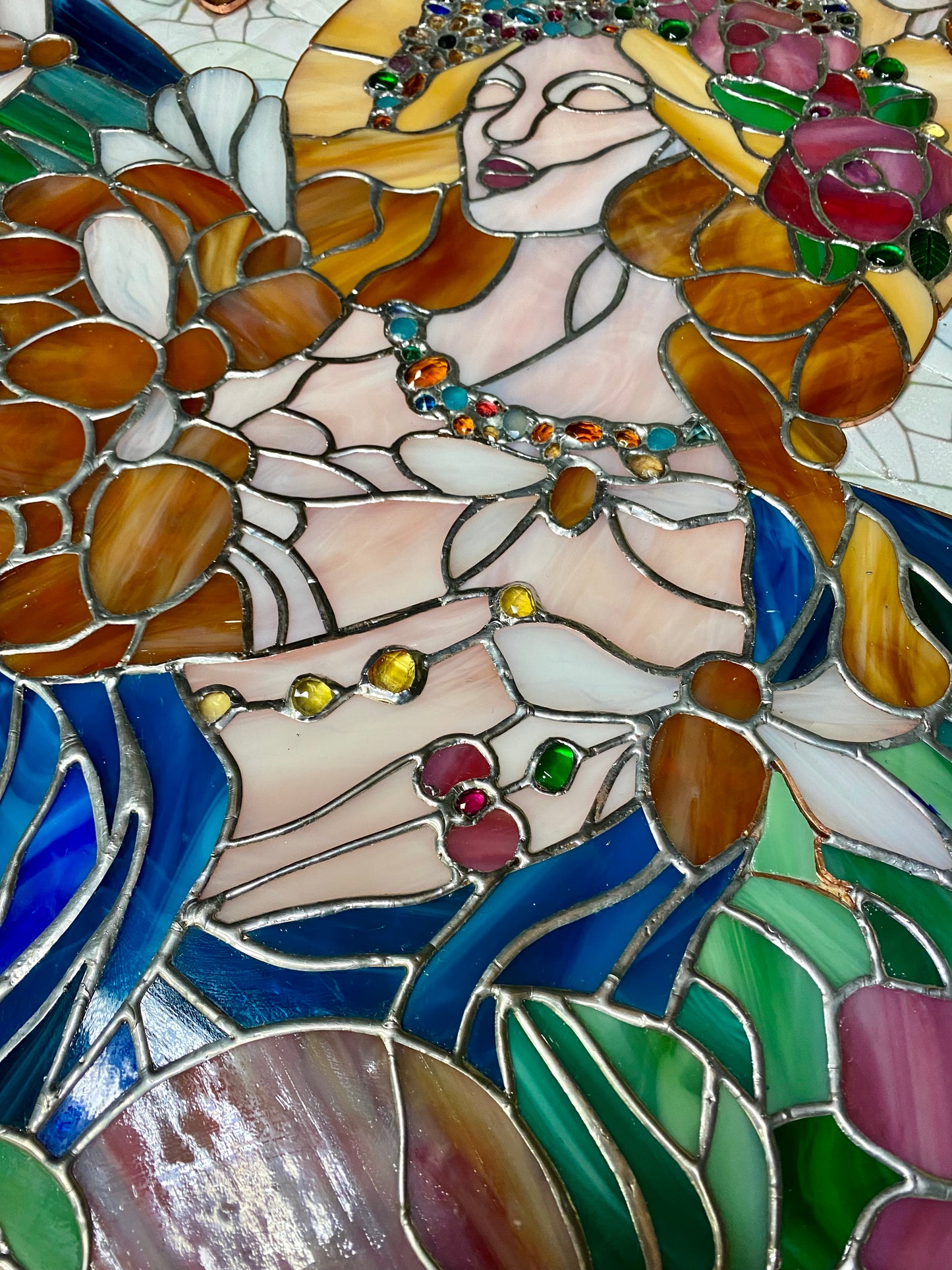 Our Lady of the Bees | Stained Glass Window Panel by Hip Chick Glass, Original Design Handmade Glass Art