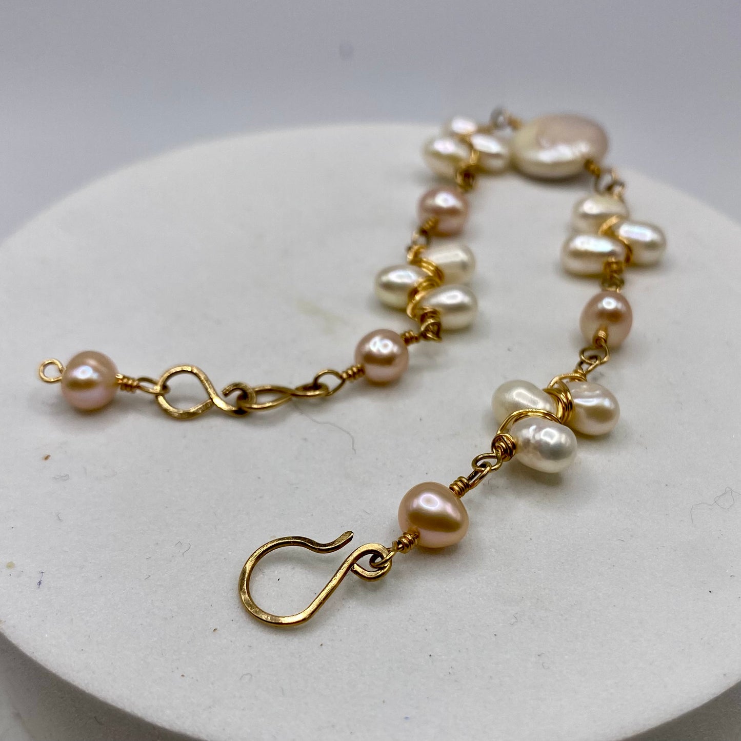 Coin Pearl Bracelet by Hip Chick Glass, Gold Pearl Bracelet, Gold Fill Wire Wrap Jewelry, Handmade Pearl Bracelet, June Birthstone Gift