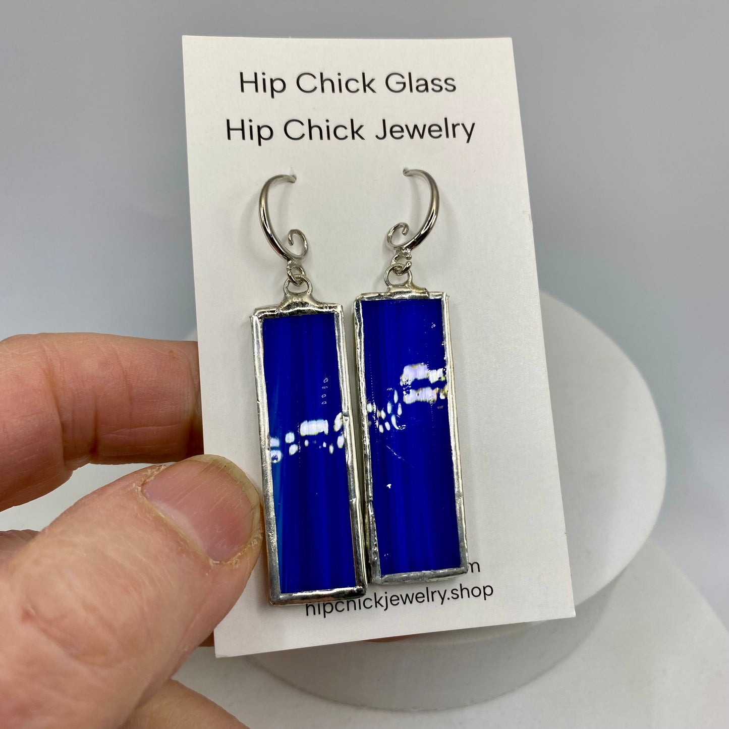 Dark Blue Rectangle Stained Glass Earrings by Hip Chick Glass, Stained Glass Jewelry, Stained Glass Earrings