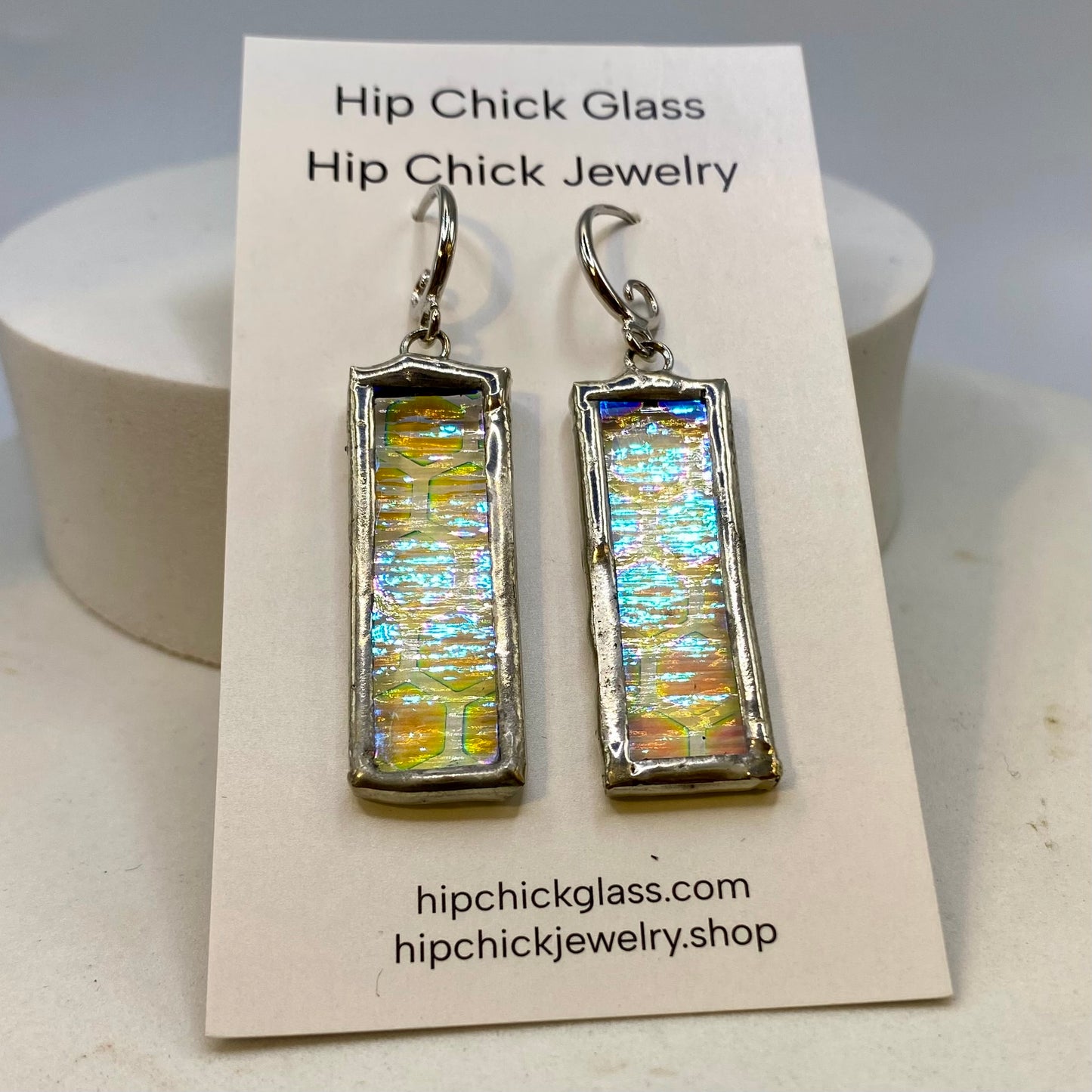 Honeycomb Dichroic Earrings | Stained Glass Earrings by Hip Chick Glass, Iridescent Statement Earrings, Geometric Earrings