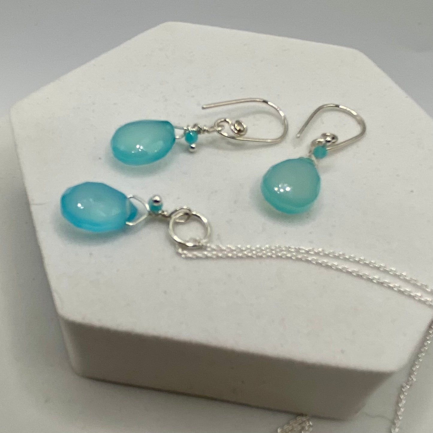 Blue Chalcedony Necklace Earring Set by Hip Chick Glass, Handmade Sterling Silver Jewelry, Handmade Gemstone Jewelry, Birthstone Gift