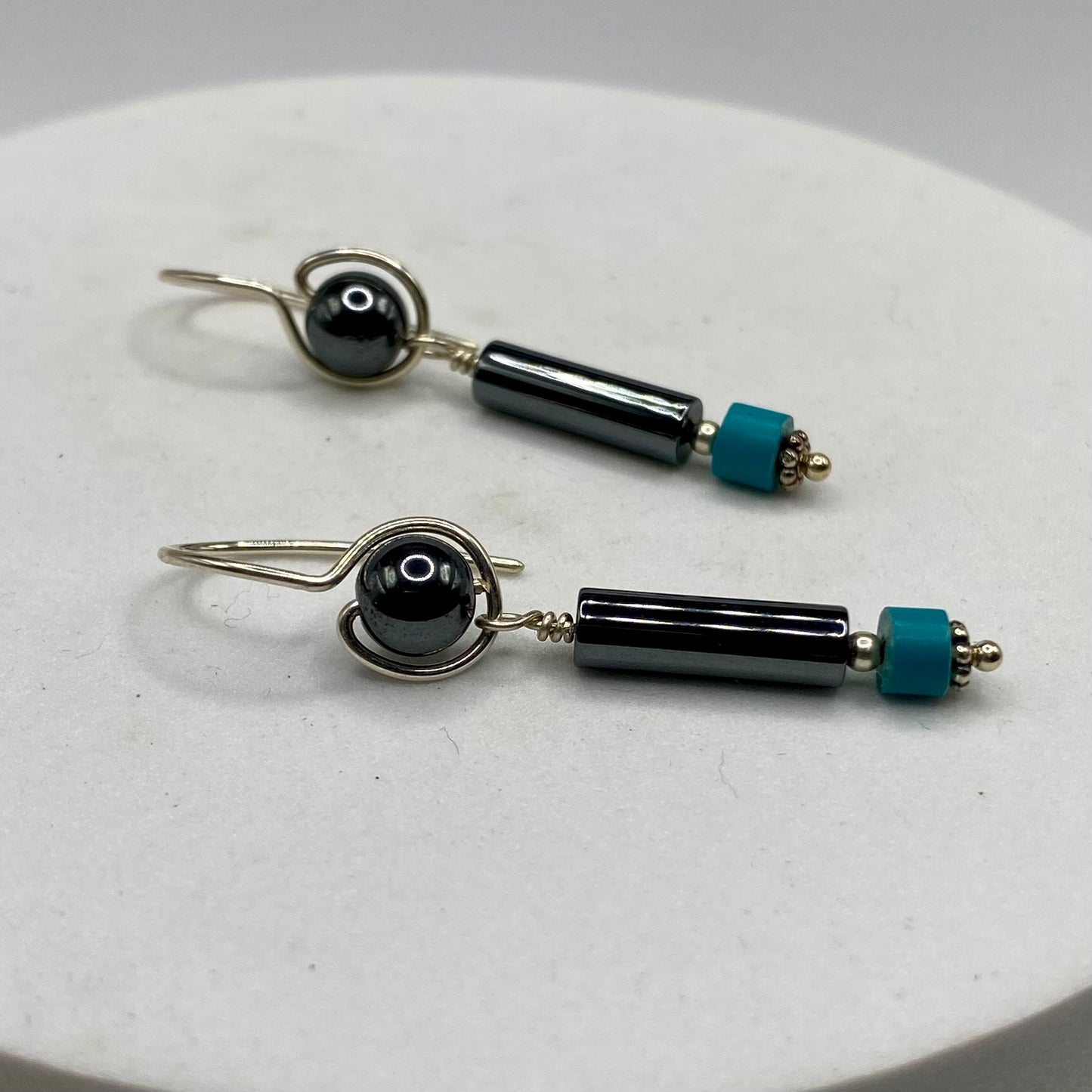 Hematite & Chalk Turquoise Dangle Earrings by Hip Chick Glass, Sterling Silver Earrings, Handmade Gemstone Jewelry, Handmade Jewelry Gift, Birthstone Earrings