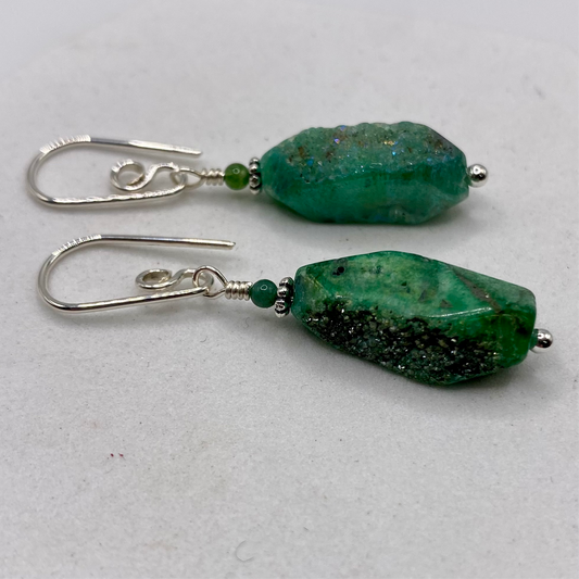 Green Druzy Agate Dangle Earrings by Hip Chick Glass, Sterling Silver Earrings, Handmade Gemstone Jewelry, Gemstone Jewelry Gift