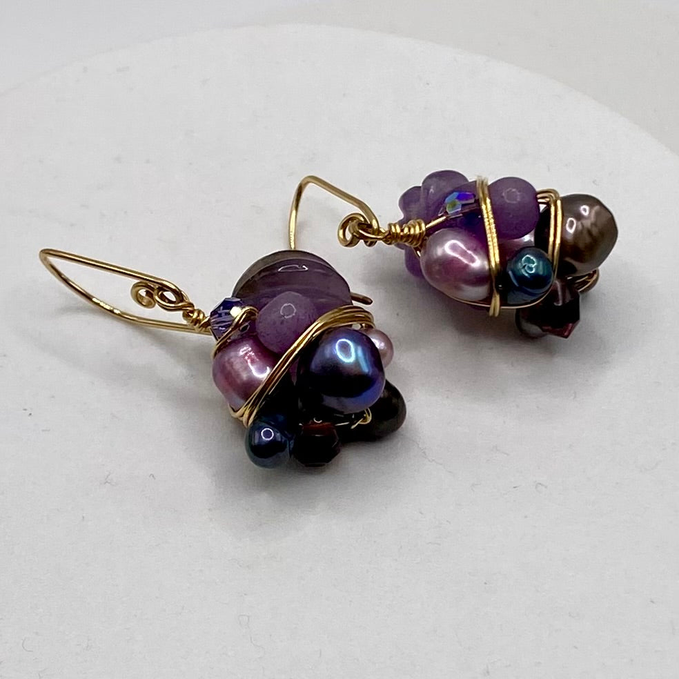 OOAK Gold Wire Wrap Cluster Earrings by Hip Chick Glass, Handmade Amethyst Earrings, Pearl Earrings, Handmade Gemstone Earrings, February Birthstone, June Birthstone, Boho Luxe Earrings