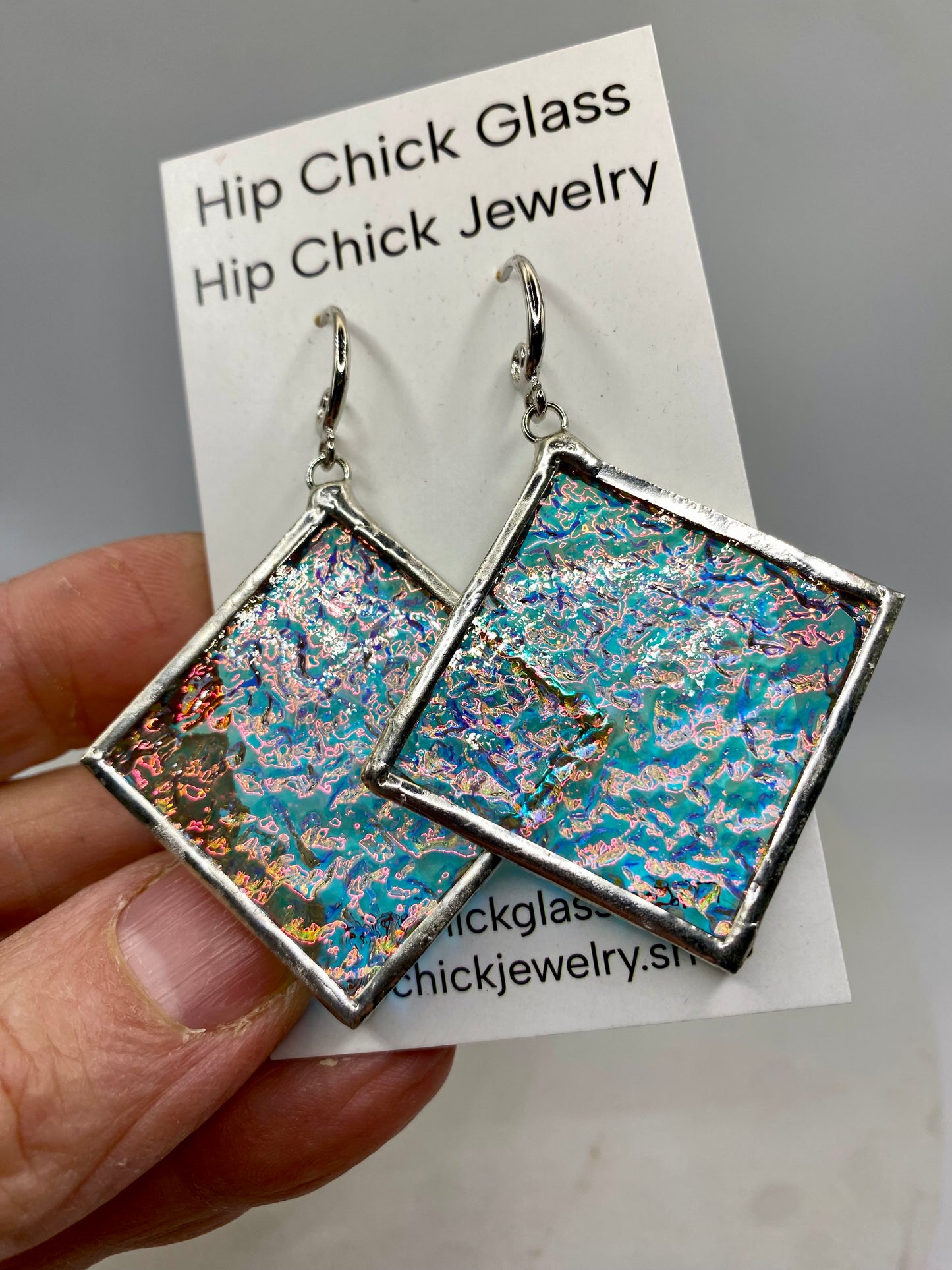 Pink Crinkle Square Earrings | Stained Glass Earrings by Hip Chick Glass, Stained Glass Dangle Drop Earrings, Stained Glass Earrings