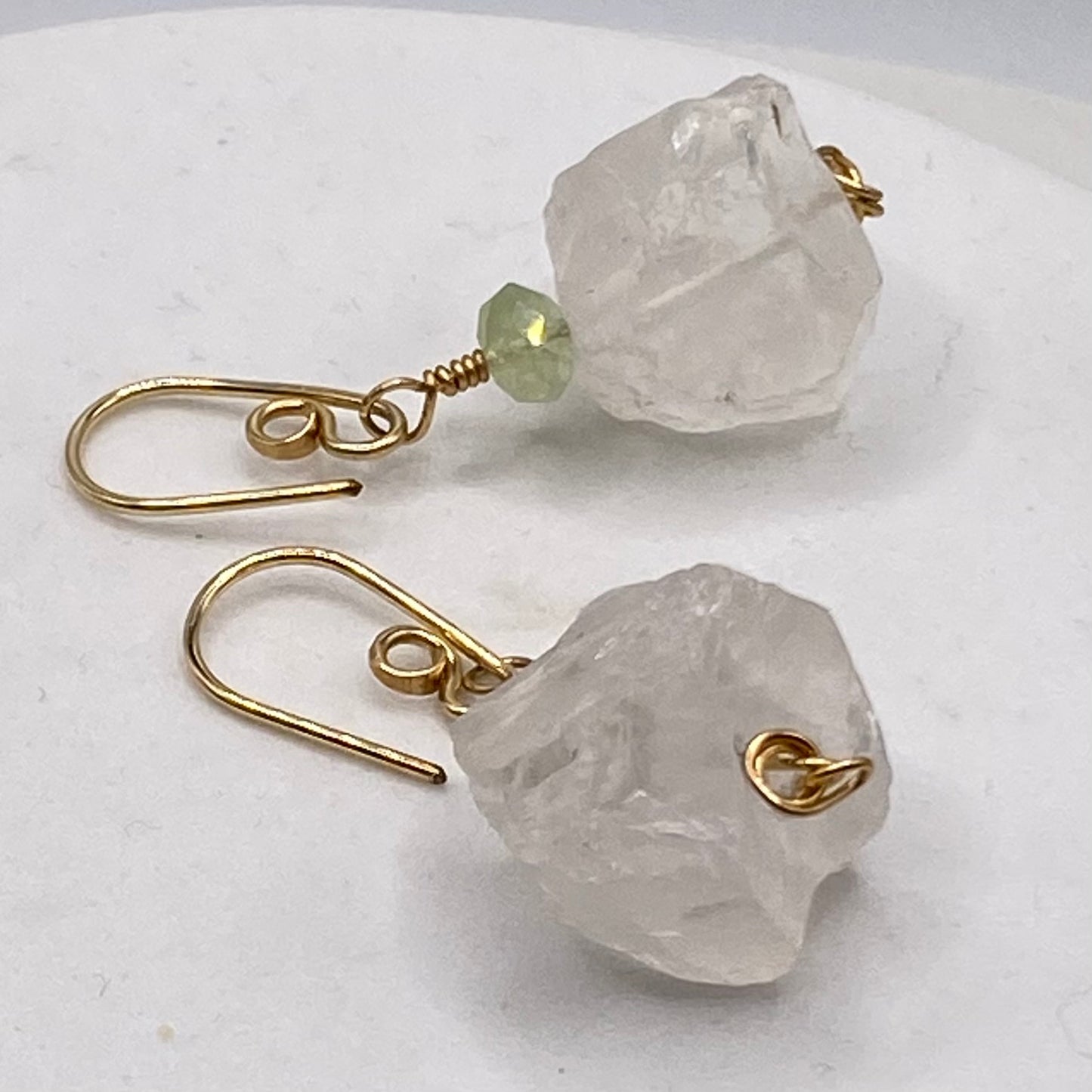 Prehnite & Raw Quartz Crystal Earrings by Hip Chick Glass, 14 Karat Gold Fill Earrings, Handmade Gemstone Jewelry, Birthstone Gift