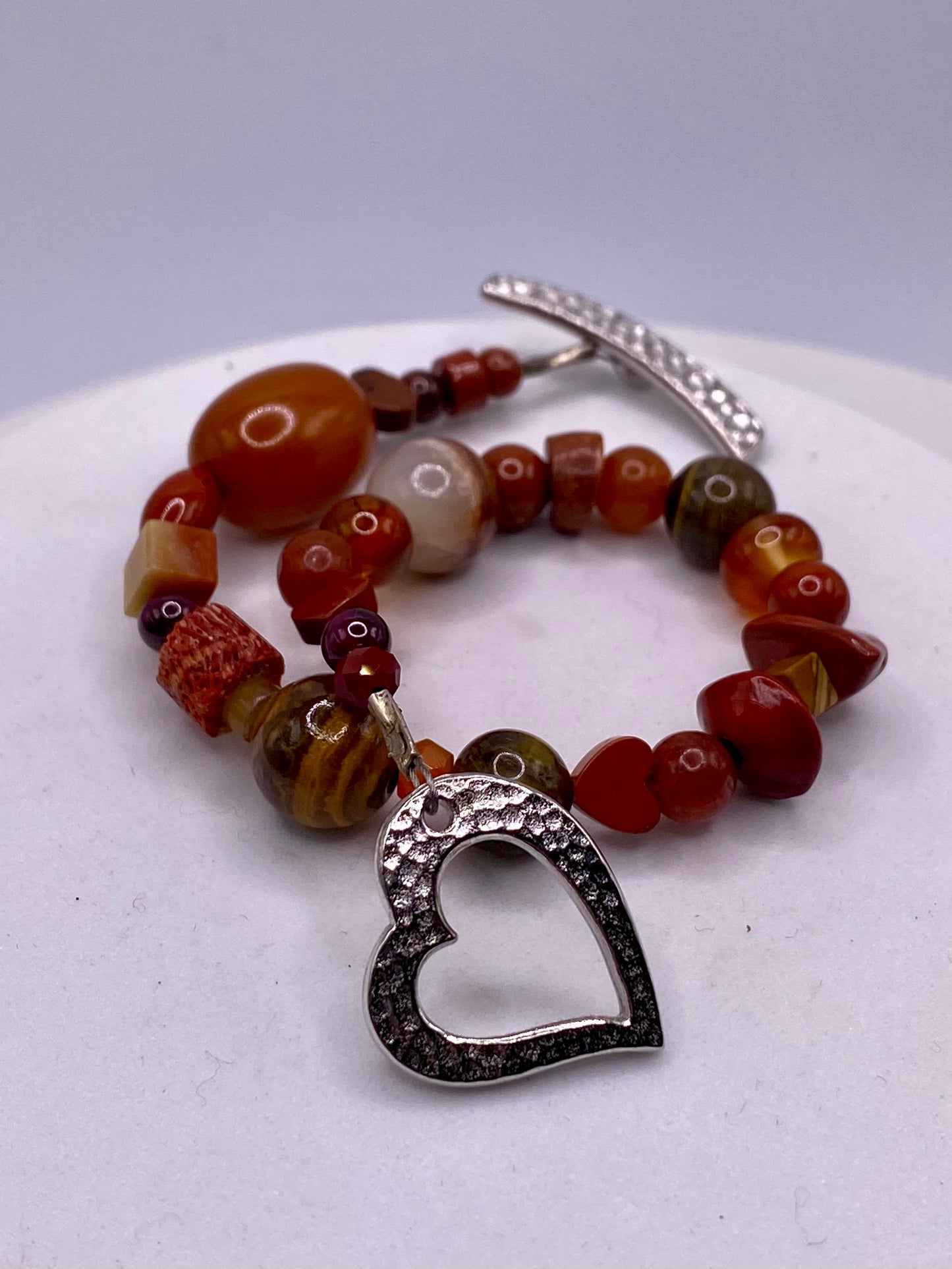 Valentines Day Bracelet with Pewter Heart Clasp & Mixed Orange Gemstones by Hip Chick Glass, Handmade Bracelet, Handmade Gemstone Bracelet, Birthstone Gift