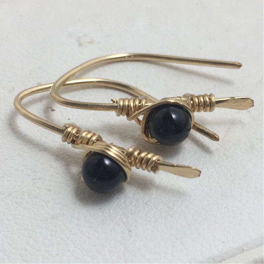 Black Onyx Gold Half Hoop Earrings by Hip Chick Glass, 14 Karat Gold Fill Earrings, Handmade Gemstone Jewelry, Birthstone Gift