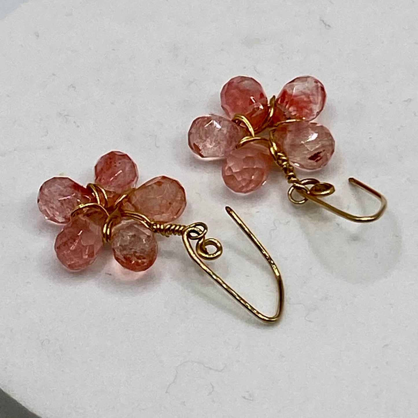 Cherry Quartz Wire Wrap Flower Earrings by Hip Chick Glass, 14 Karat Gold Fill Earrings, Handmade Gemstone Jewelry, Birthstone Gift