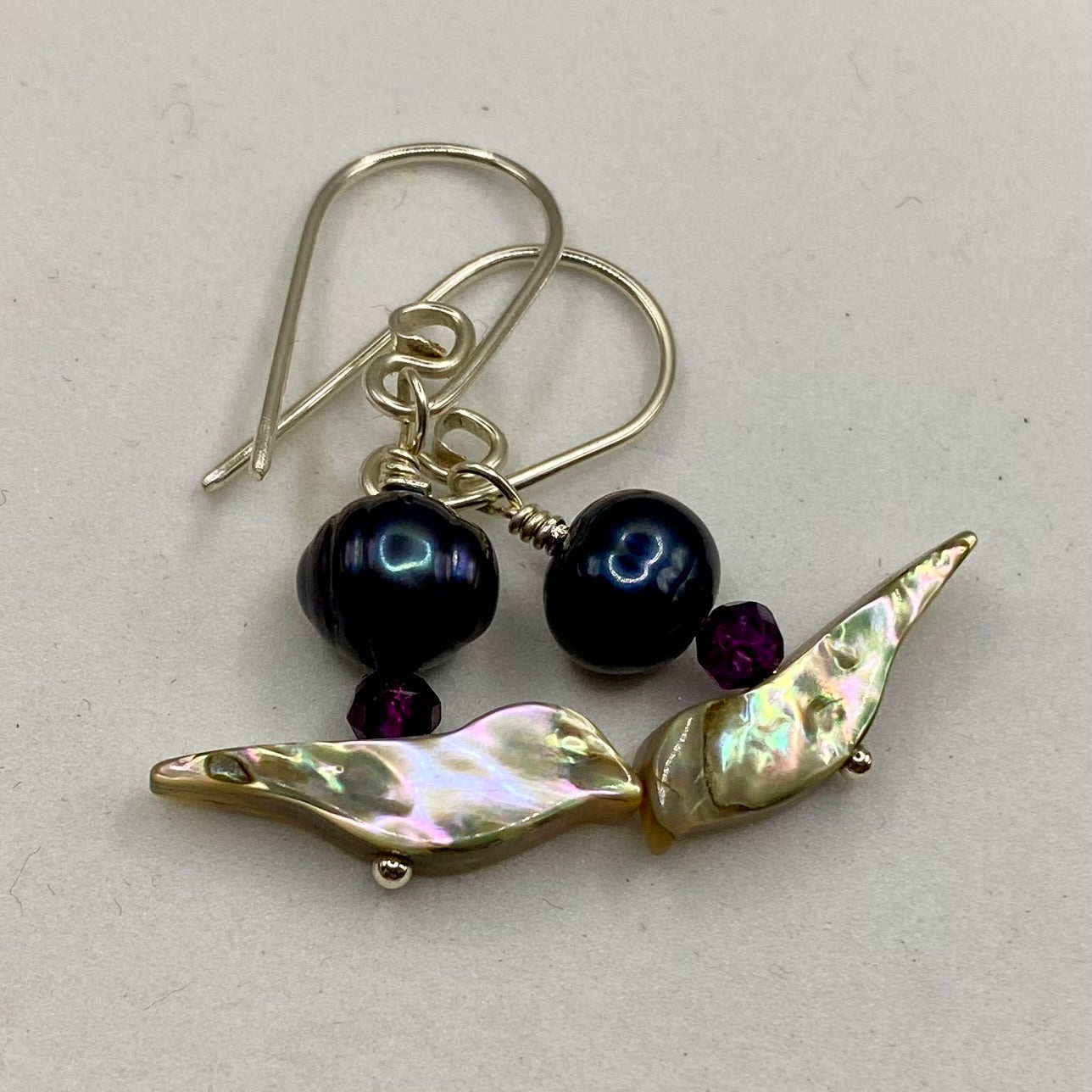 Bird Abalone, Iolite & Pearl Earrings by Hip Chick Glass, Handmade Sterling Silver Earrings, Silver Gemstone Jewelry