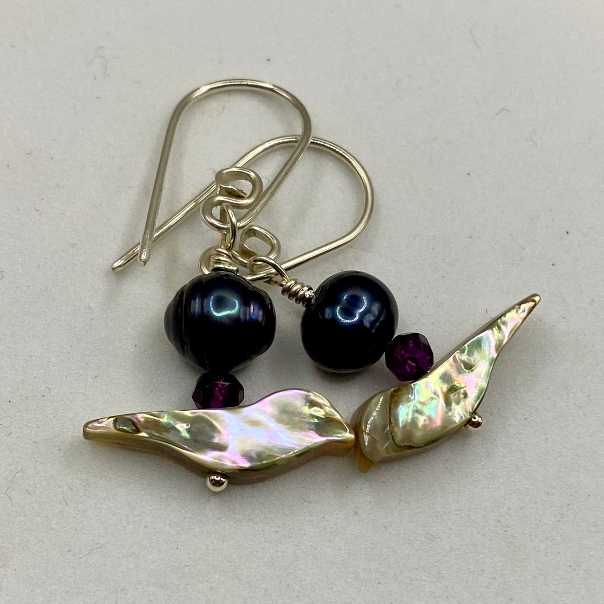 Abalone, Iolite Freshwater Pearls Silver Earrings by Hip Chick Glass, Handmade Sterling Silver Earrings, Silver Gemstone Jewelry