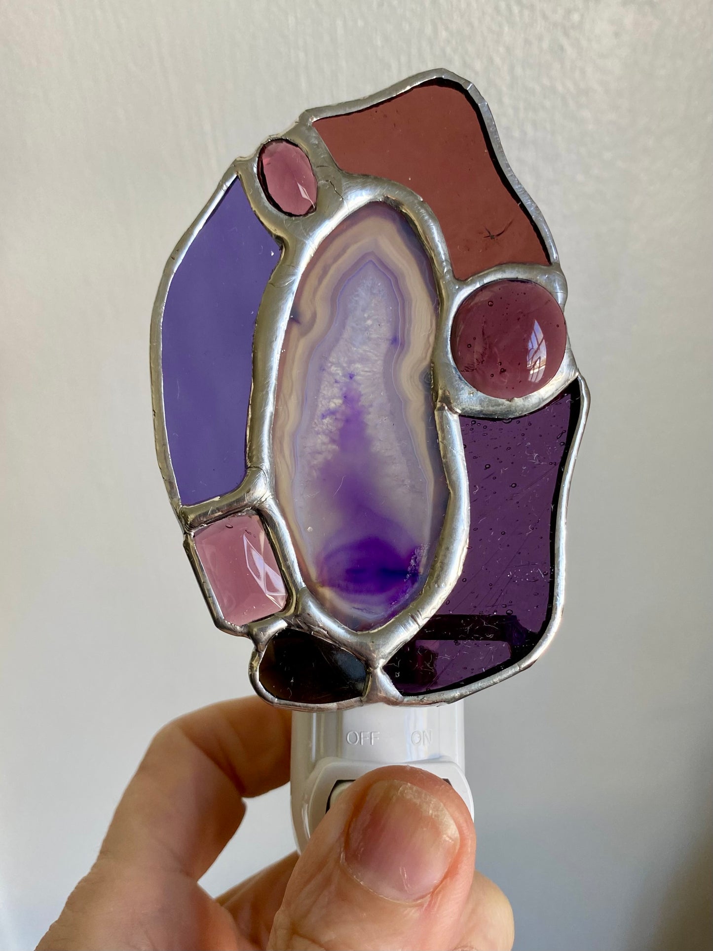 RESERVED for Steve  AGATE SLICE NIGHTLIGHT in Purple with Smoky Quartz and Jewels | Gretchen Shutt | Hip Chick Glass, LLC