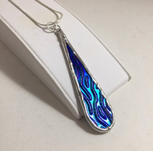 Blue Teardrop Necklace | Iridescent Glass Necklace by Hip Chick Glass, Handmade Silver Pendant Necklace, Dichroic Glass Pendant Necklace, Handmade Jewelry