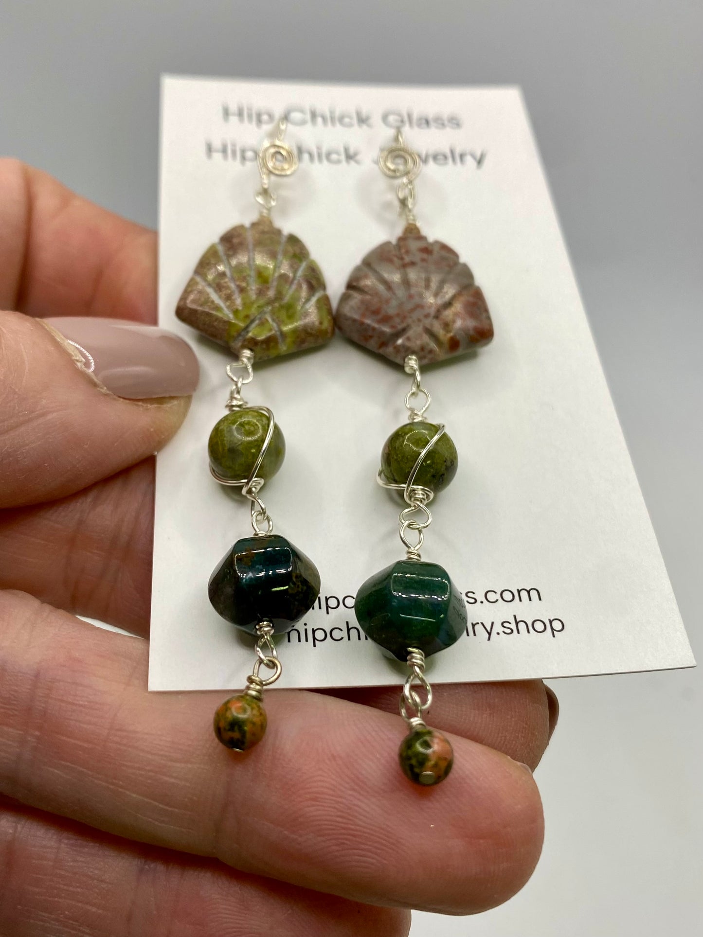 Long Gemstone Earrings with  Unakite, Jasper, Agate by Hip Chick Glass, Sterling Silver Earrings, Handmade Gemstone Jewelry, Birthstone Gift
