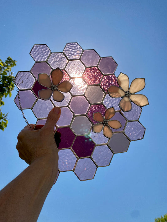 Purple Honeycomb with Flower Overlay | Stained Glass Window Panel by Hip Chick Glass, Original Design Handmade Glass Art, Suncatcher